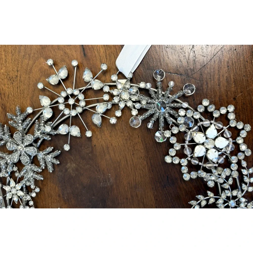 Pottery Barn Jeweled Wreath Silver Metal Snowflake Crystal Christmas 17